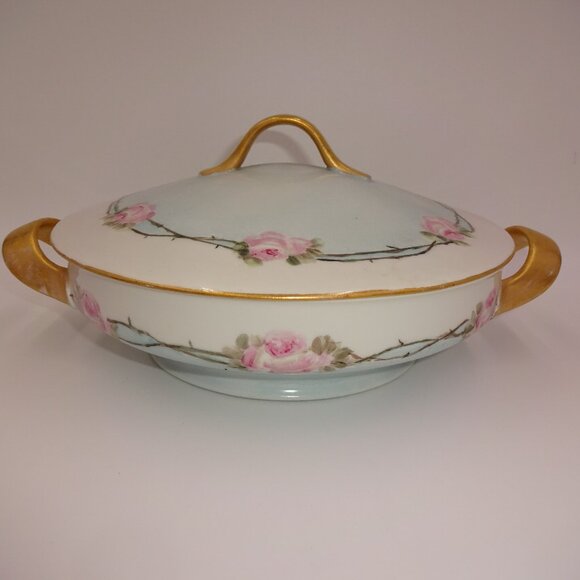 Vintage K&A Krautheim Selb Bavaria Vegetable Bowl & Lid White Blue Pink Roses - Picture 2 of 10